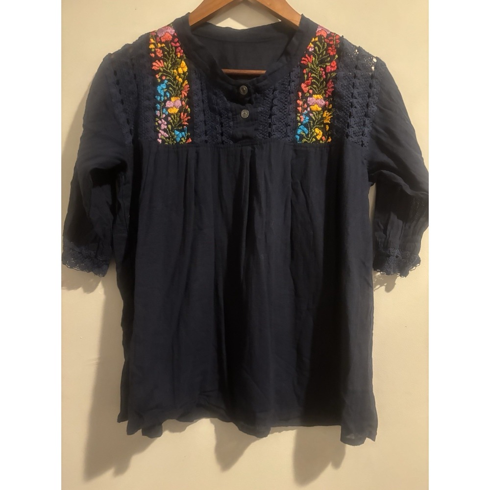 Multi Color Handmade Women's Top Machine Embroidered Floral Boho XS Navy